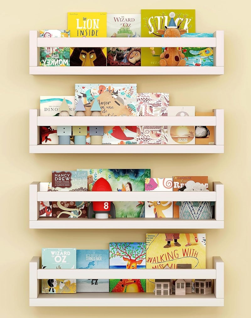 Onlysky Set of 4 Wall-Mounted Kid's Bookshelf - White Floating Nursery Book Shelves - Durable Wood Construction - Ideal for Nursery Decor, Kids Room, Toy Storage - Image 1